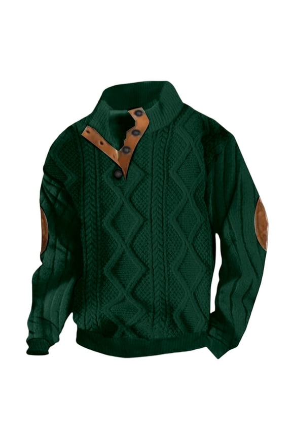 Mens Cable Knit Pullover Sweater Casual Long Sleeve Stand Collar Button Knitted Sweaters Dark Green XL