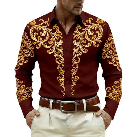 GJSYRH Mens Hipster Printed Slim Fit Long Sleeve Button Up Party Dress Shirts Wine M