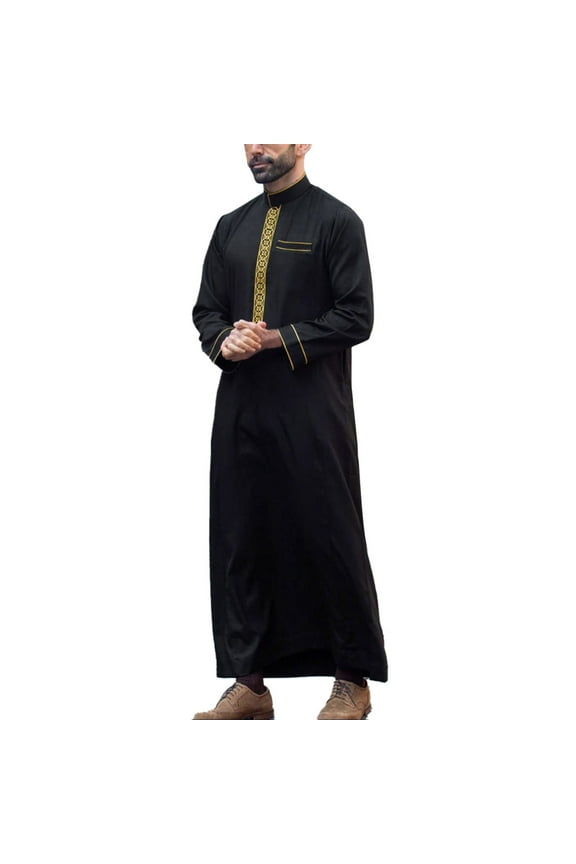 Mens Kaftan Thobe Cotton Long Sleeve Embroidered Stand Collar Arab Loose Men's Robe