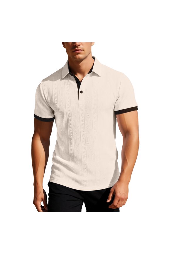 Mens Knit Polo Shirt Short Sleeve Hollow Out Knit Shirt Texture Knitted Polo Khaki L