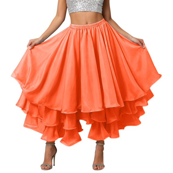 GJSYRH Skirts for Women Mid Length Flowy Chiffon Three Tiered High Slit Belly Dance Wrap Skirt Rolled Hem Carnival Performance Skirt