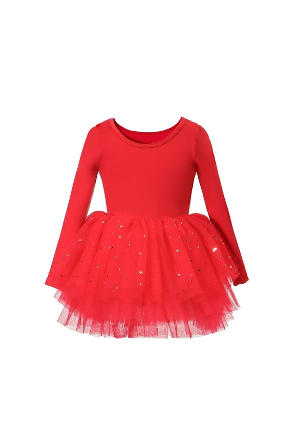 Toddler Girls Ballet Tutu Dresses Long Sleeve Sequin Tulle Ballerina Outfits Dance Leotards Red 3-4 Years