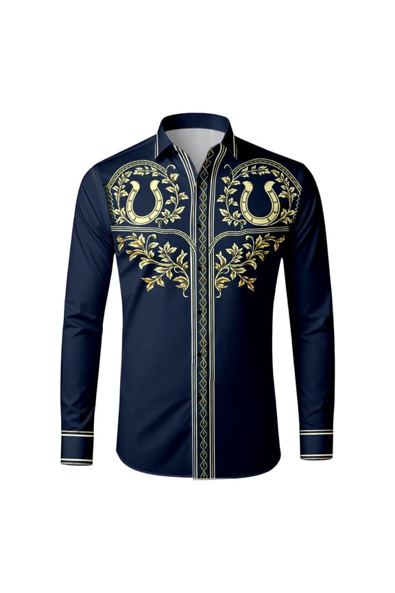 Western Embroidered Cowboy Shirts for Men, Casual Button Down Long Sleeve Shirt with Floral Design Black M