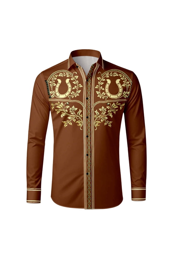 Western Embroidered Cowboy Shirts for Men, Casual Button Down Long Sleeve Shirt with Floral Design Brown M