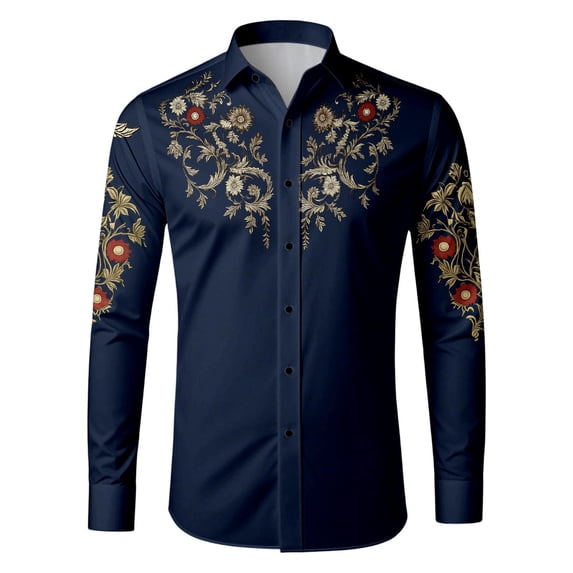 GJSYRH Western Embroidered Cowboy Shirts for Men, Casual Button Down Long Sleeve Shirt with Floral Design Dark Blue L