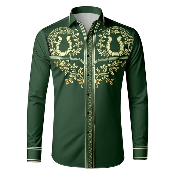 GJSYRH Western Embroidered Cowboy Shirts for Men, Casual Button Down Long Sleeve Shirt with Floral Design Dark Green M