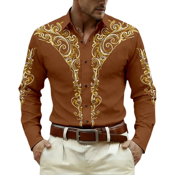 GJSYRH Western Shirts for Men Casual Retro Printed Cowboy Shirts Long Sleeve Slim Fit Button Down Shirt Outfits Brown XXL