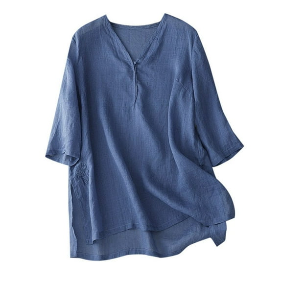 GJSYRH Women Embroidered Linen Shirt Spring Summer Lightweight Ethnic V-Neck Blouse Elegant Floral Stitching Comfortable Breezy Top