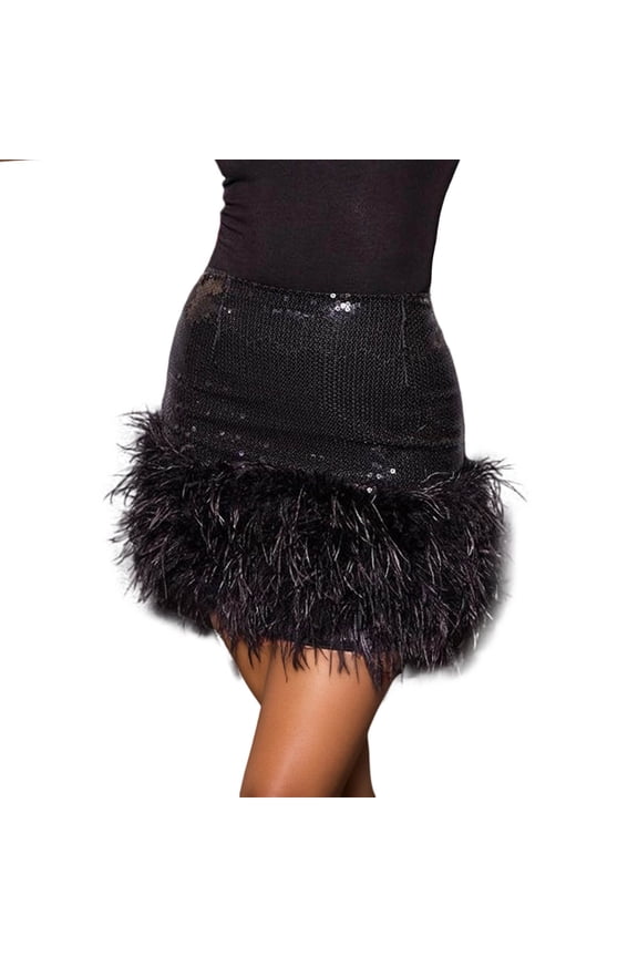 Women Glitter Sequin Skirt with Feather Trim Bodycon Mini Skirt Shiny for Holiday Parties Outfit