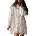 thumbnail image 1 of GJSYRH Women Hollow Out Eyelet Button Down Lapel V Neck Long Sleeve Ruffle Flowy Solid Oversized Loose Mini Shirt Dress, 1 of 8