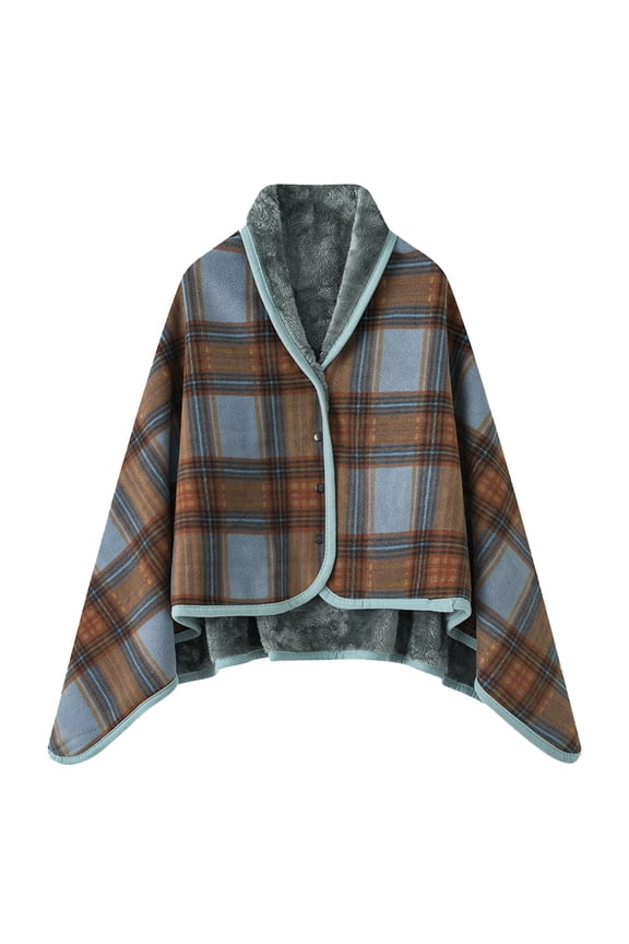 Women Multiway Plaid Poncho Shawl Wrap Fleeced Wearable Blanket Ultra Soft Sherpa Flannel Cape Coffee 100*140cm
