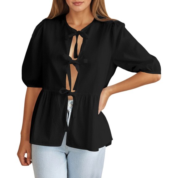 GJSYRH Women Peplum Tops Puff Short Sleeve Tie Up Blouse Shirt Summer Going Out Cute Top