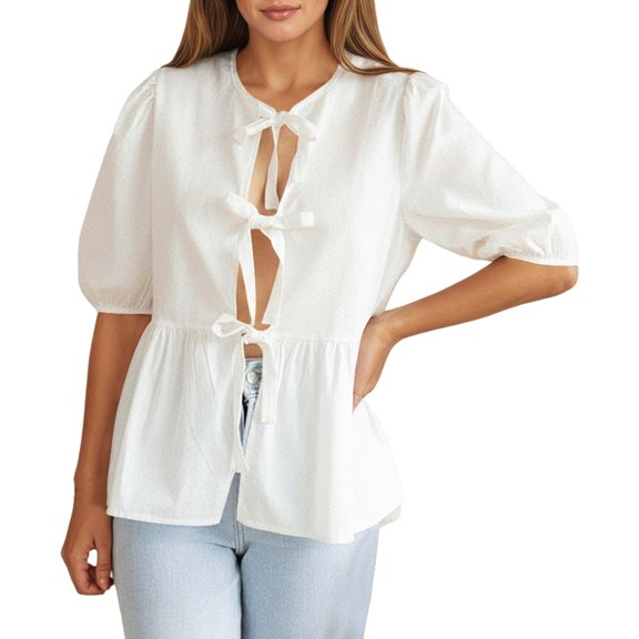 GJSYRH Women Peplum Tops Puff Short Sleeve Tie Up Blouse Shirt Summer Going Out Cute Top