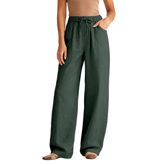GJSYRH Women Wide Leg Linen Pants, High Waisted Summer Casual Cotton Linen Palazzo Pants with Pockets Green L