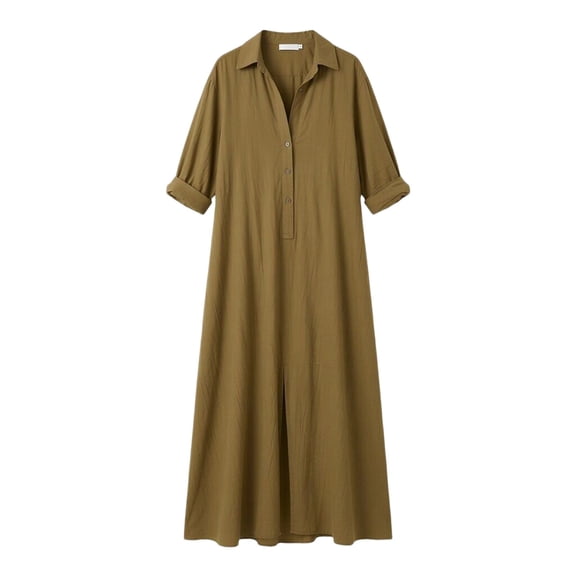 GJSYRH Women's Basic Loose Fit Long Sleeve Button Up Maxi Shirt Dress with Pockets Gold XL