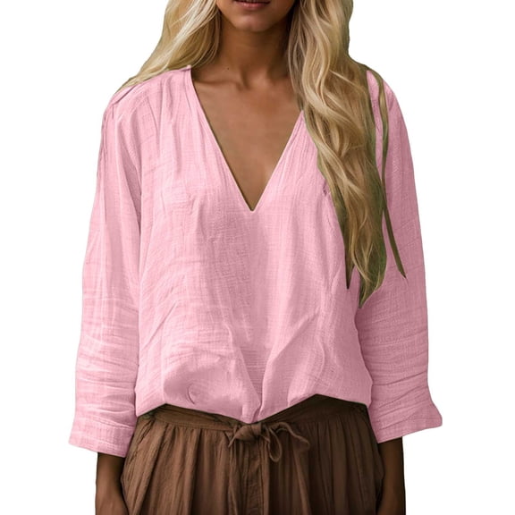 GJSYRH Women's Casual V-Neck Long Sleeve Loose Fit Solid Color Top T-Shirt Blouse Comfortable Everyday Wear Soft Breathable Fabric