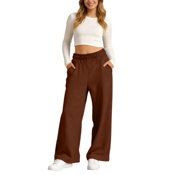 GJSYRH Women's Casual Wide Leg Sweatpants Elastic Waist Comfortable Loose Fit Trousers With Pockets for Everyday Wear Brown M