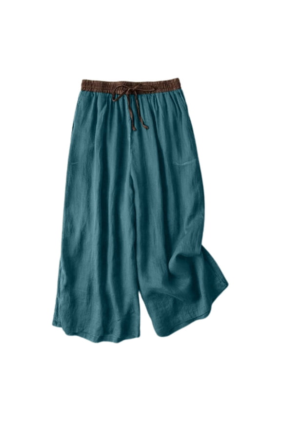 Women's Cotton Linen Culottes Pants Elastic Waist Wide Leg Palazzo Trousers Capri Pant