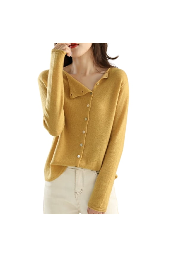 Women's Fall & Winter Solid Button Front Asymmetrical Neck Sweater, Casual Slim Long Sleeve Knitwear Top