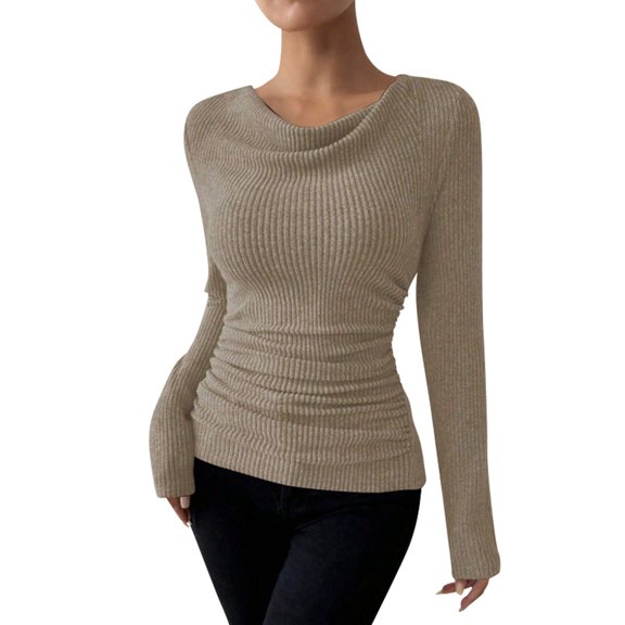 GJSYRH Women's Long Sleeve Cowl Neck Ribbed Knit Fall Shirts Slim Fit Ruched Going Out Crop Tops Basic T-Shirts