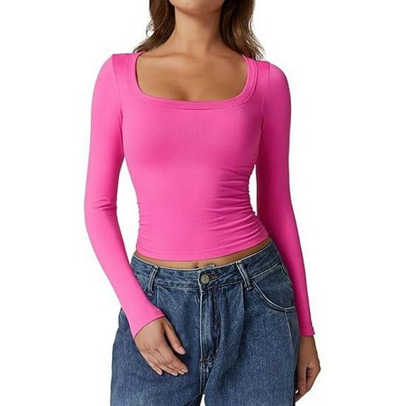 GJSYRH Women's Long Sleeve T Shirts Scoop Neck Slim Fit Going Out Tops Double Lined Basic Tee Smoke Cloud Collection