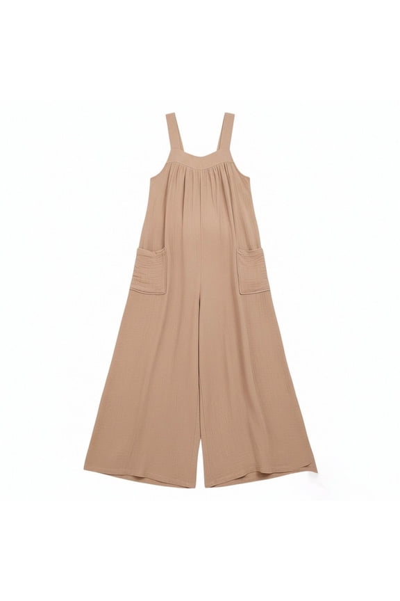 Women's Maternity Front Pocket Pregnancy Jumpsuit Knot Shoulder Strap Sleeveless Wide Leg Overalls