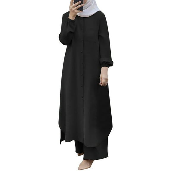 GJSYRH Women's 2 Pieces Sets Long Sleeve Button Down Shirt and Pants Abaya Casual Dress Dubai Outfits