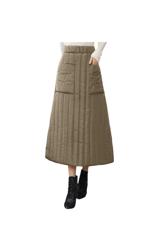 Women's Puffer Skirt Winter Warm High Waisted A-Line Quilted Down Skirts with Pockets Fashion Casual Maxi Skirts