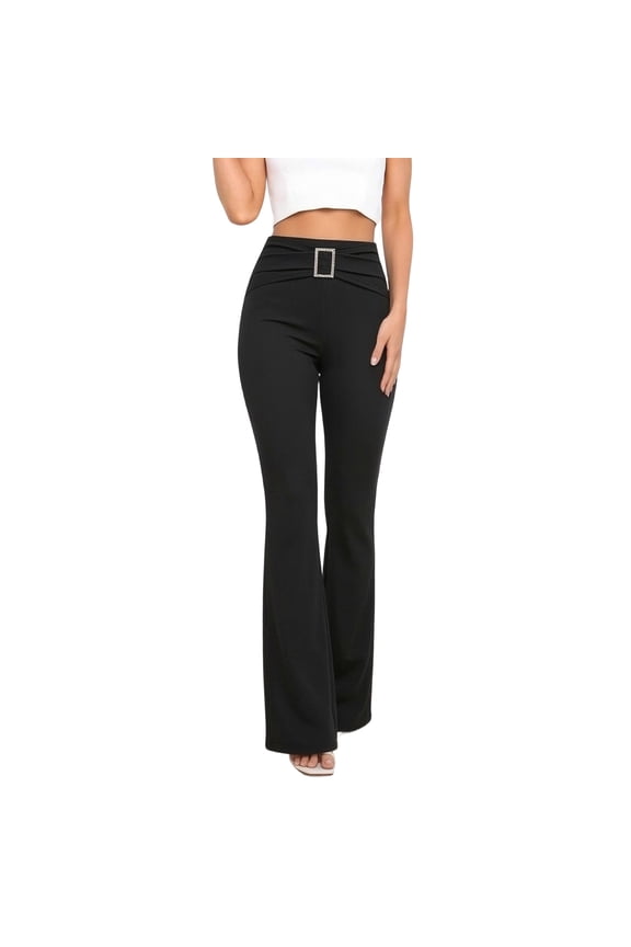 Women's Square Rhinestone Ring Flare Leggings Crossover Waist Long Bell Bottoms Pants Black L