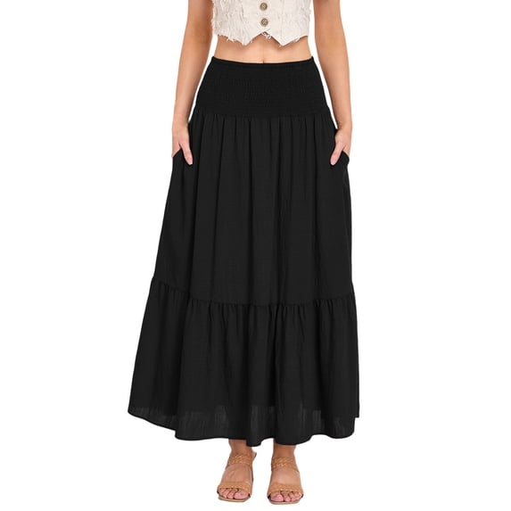 GJSYRH Women's Summer Casual Elegant Smock Layered Tiered Maxi Skirt High Waisted A Line Flowy Long Skirts with Pockets Black XL