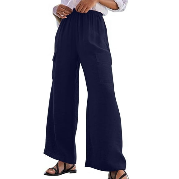 GJSYRH Women's Summer Casual Palazzo Pants High Waist Wide Leg Flowy Beach Trousers for Travel with Pockets