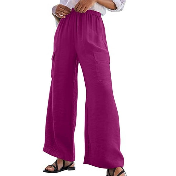 GJSYRH Women's Summer Casual Palazzo Pants High Waist Wide Leg Flowy Beach Trousers for Travel with Pockets
