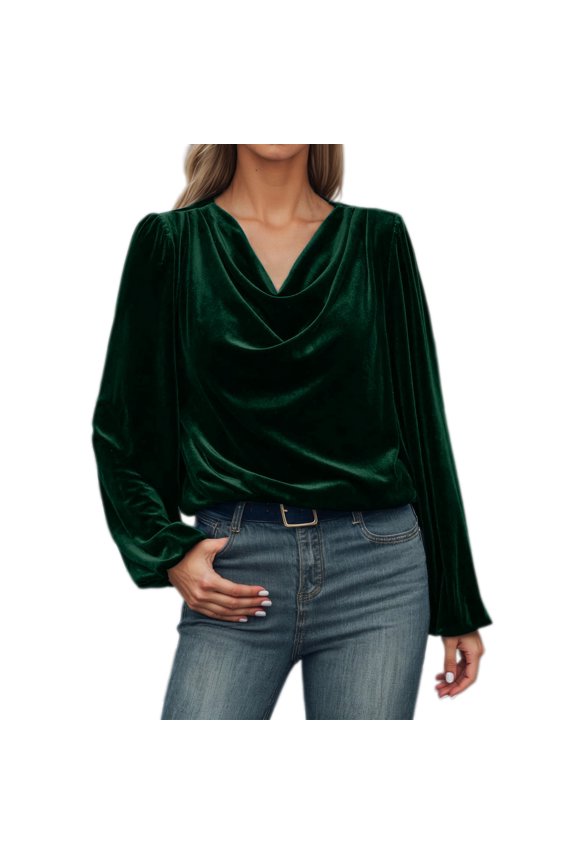 Women's Velvet T Shirts Casual Long Sleeve Solid Shirt Cowl Neck Drape Ruched Front Long Sleeve Blouses Tops