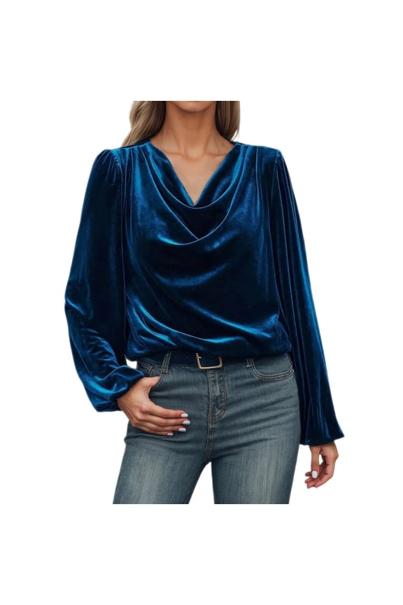 Women's Velvet T Shirts Casual Long Sleeve Solid Shirt Cowl Neck Drape Ruched Front Long Sleeve Blouses Tops