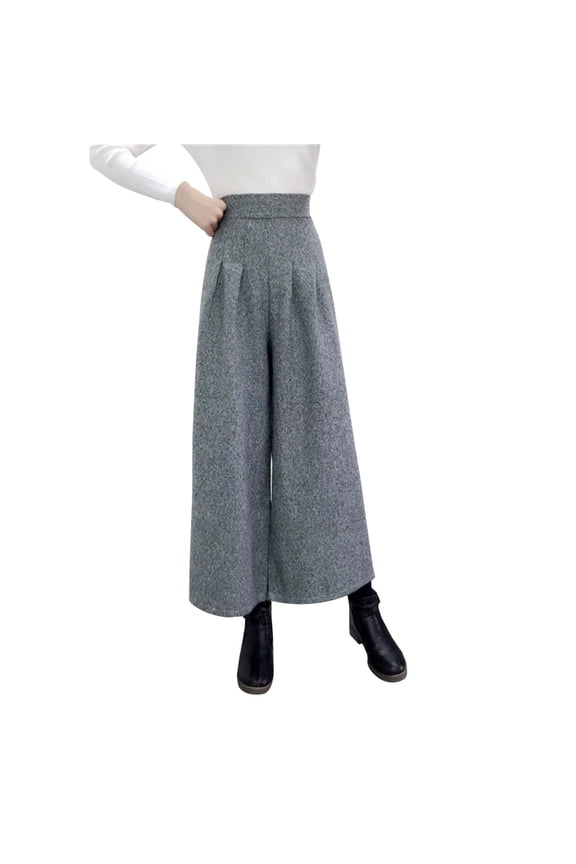Women's Winter High Waist Wide Leg Plaid Wool Blend Palazzo Capri Pants Culottes with Pockets