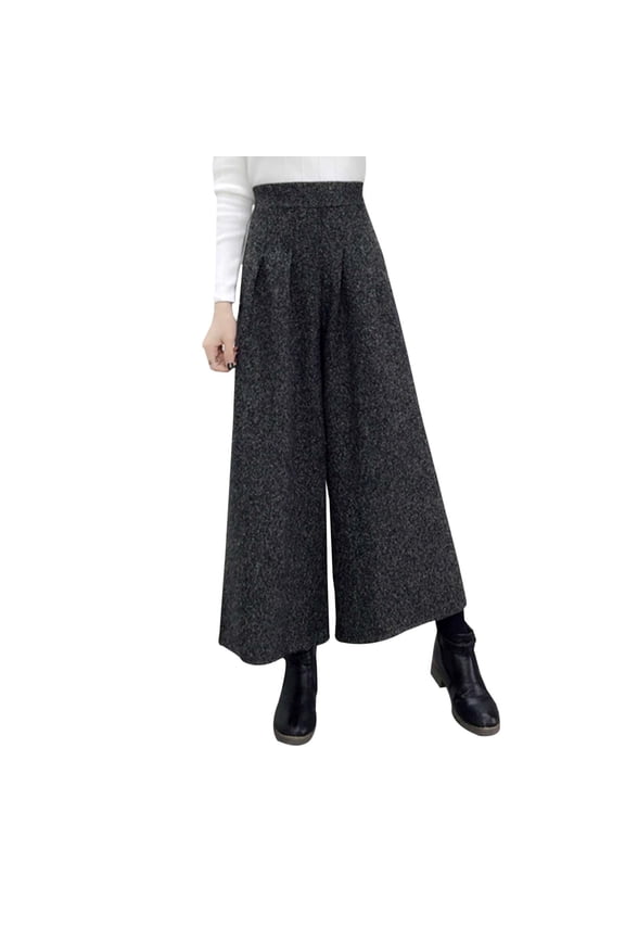 Women's Winter High Waist Wide Leg Plaid Wool Blend Palazzo Capri Pants Culottes with Pockets