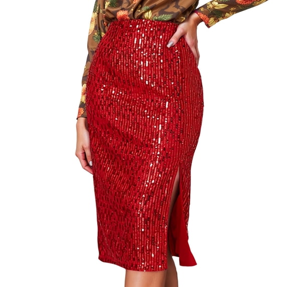 GJSYRH Womens High Waist Sparkly Sequins Midi Skirt Pencil Party Skirt