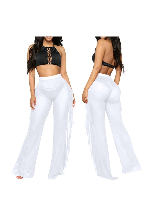 Womens Perspective Sheer Mesh Ruffle Pants Swimsuit Bikini Bottom Cover up Pants