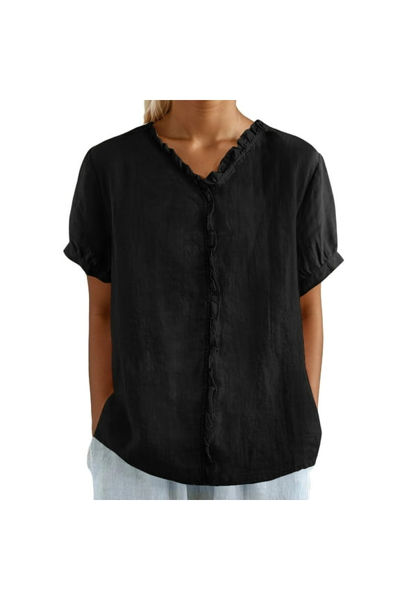 Womens Short Sleeve Shirts V Neck Collared Button Down Shirt Tops with Pockets