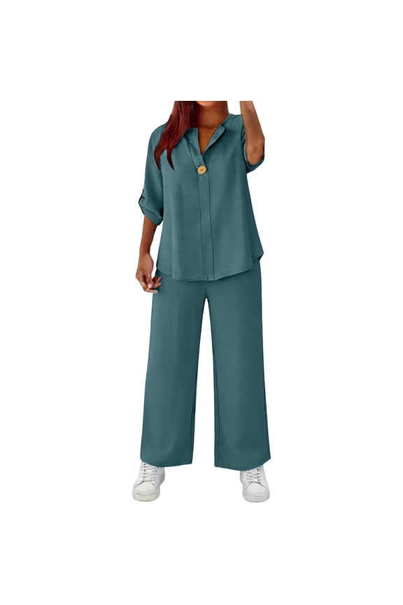 Womens Summer 2 Piece Lounge Sets 3/4 Sleeve V Neck Top Wide Leg Palazzo Pants Set 2026 Beach Travel Outfits Blue M