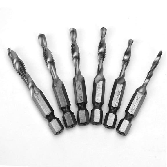 GJTr 6pcs Drill Tap Combination Bit Set, HSS Combination Drill and Tap Bit Set Metric Deburr Countersink Drill Bit 1/4 Hex Shank 6-32NC 8-32 NC 10-32 NC 10-24 NC 12-24 NC 1/4-20 NC