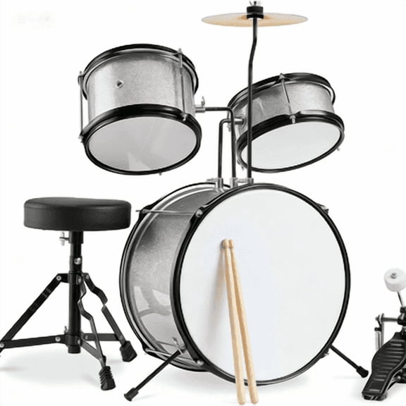 GJWL 3-Piece Beginner Drum Set for Kids Juniors, w/Throne Stool, Cymbal, Drum Sticks, Bass Drum Pedal, 2 Toms Silver Sparkle