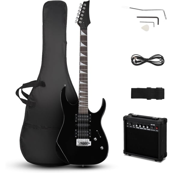 GJWL 39" Electric Guitar with 20Watt Amp, Full Size 170 Model Starter Guitar Kit for Beginners & Professionals W/Bag, Strap, Upgrade Cable, Guitar Capo, Tremolo Arm Black