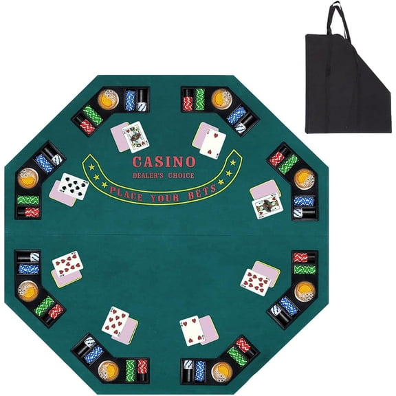GJWL 48 Inch Foldable Poker Table Card Topper, Portable 8-Player Poker Tabletop Mat w/Cup Holder and Carrying Bag,Texas Hold 'Em Foam Poker Table Top Layout for Blackjack Board Game,Green Speed Felt