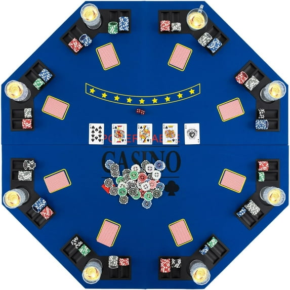 GJWL 48" Poker Table Top, 8 Player Foldable Texas Holdem Poker Mat Layout w/Carrying Bag, Cup Holders, Chip Trays, Portable Anti-Slip Blackjack Octagonal Poker Table Topper for Card Casino Game