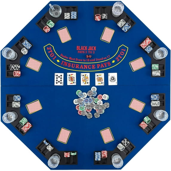 GJWL 48" Poker Table Top - 8 Player Foldable Texas Holdem Poker Table Topper w/Carrying Bag, Cup Holders, Chip Trays, Portable Anti-Slip Blackjack Octagonal Poker Mat Layout for Card Casino Game