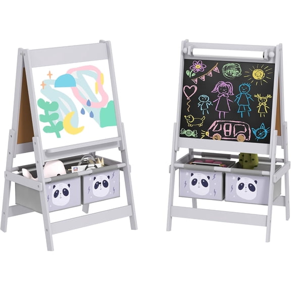 GJWL Art Easel for Kids with Paper Roll, 3 in 1 Toddler Painting Easel with Blackboard, Whiteboard, Storage Baskets, Gray, Panda