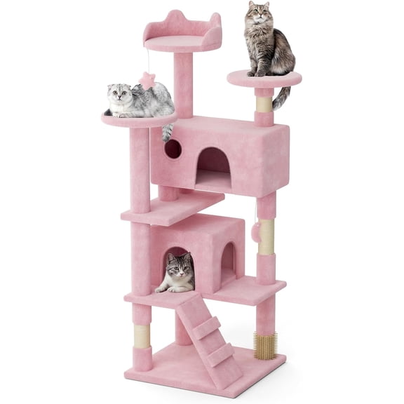 GJWL Cat Tree 55" Cats Tower for Indoor Cats, Multi-Level Cat Condo with Scratching Post, Top Perch, Sisal Board and Dangling Ball, Cat Stand Jumping Platform Kittens Pet Play House (Pink)