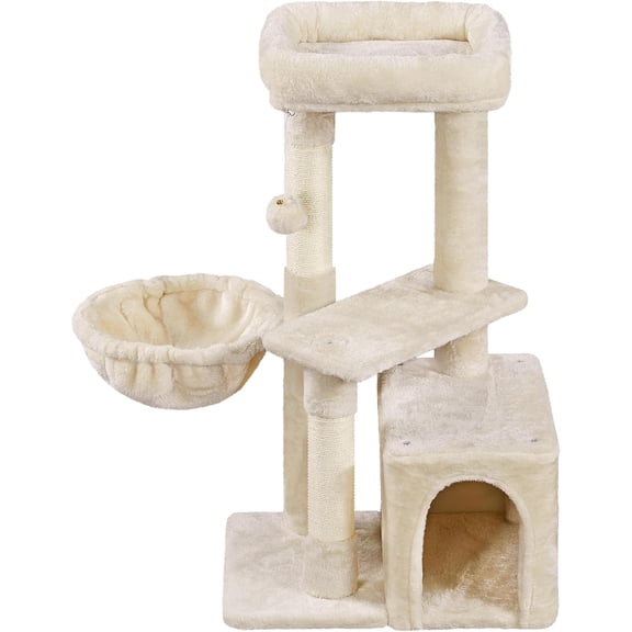 GJWL Cat Tree Tower for Indoor Cats, 34.5in Cute Cat Tree Activity Center with Condo & Scratching Post, Multi-Level Cat Climbing Tower Play House w/Large Perch, Platform, Basket, Beige