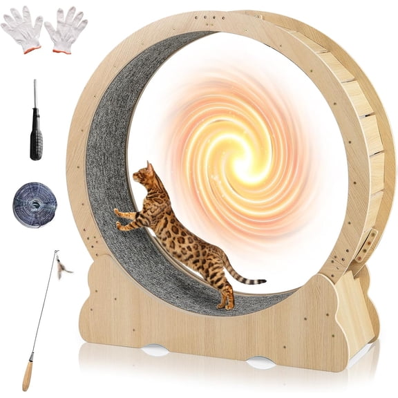GJWL Cat Wheel for Indoor Cats, 40 Inch Large Cat Exercise Wheel with Lockable Mechanism, Carpeted Runaway, Wooden Ultra Low Noise Running Treadmill with a Teaser Toy for Kitty Fitness
